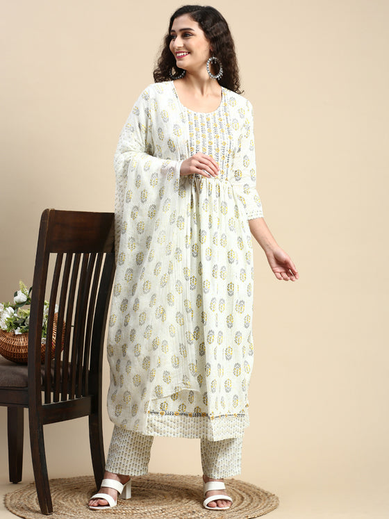 Beautiful Off White Printed & Embroidered Kurti Set PKS01