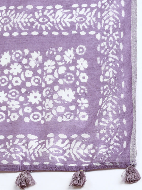 Elegant Semi Linen Flower Digital Print Lavender & White Saree SL64
