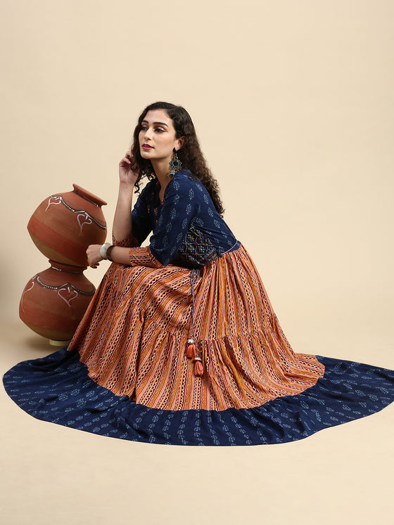 Elegant Embroidered and Printed Navy & Pink Umbrella Kurti EK21