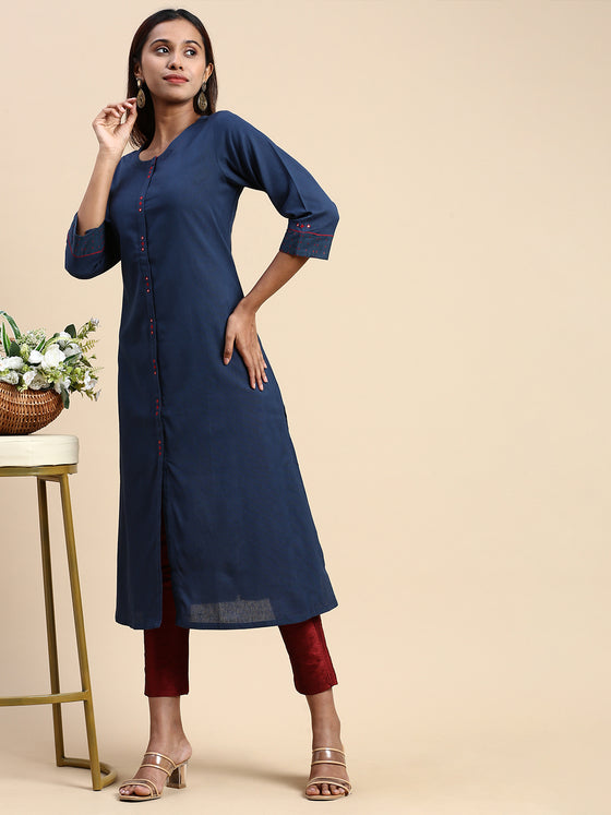 Cotton Plain Round Neck Straight Cut Navy Kurti CPK10