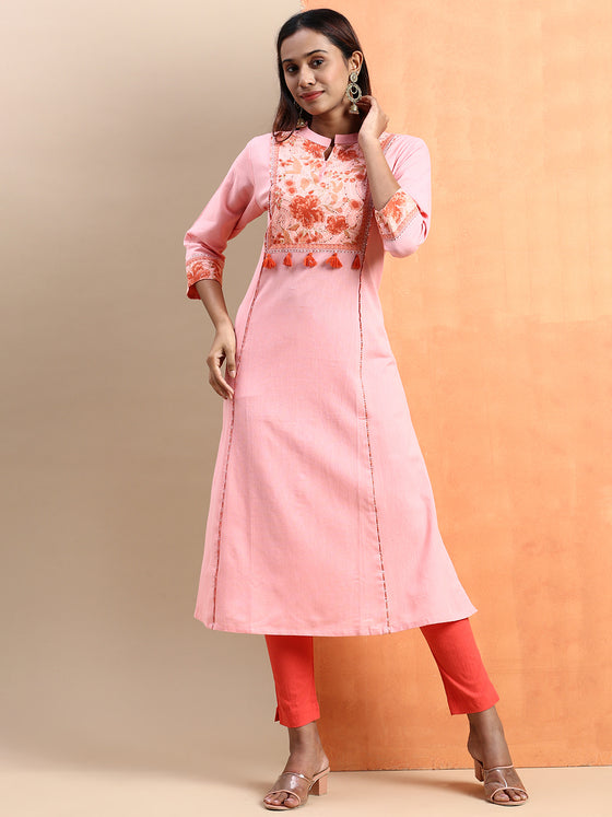 Cotton Pink & Brown Collar Neck Straight Cut Printed Kurti PK34