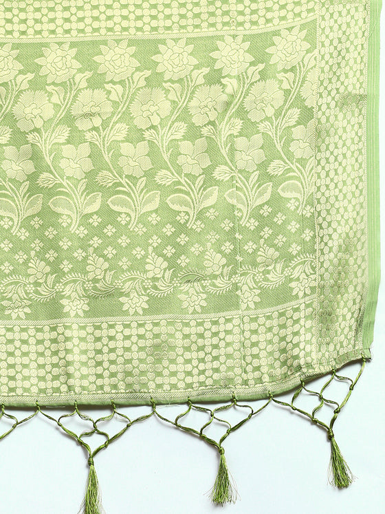 Semi Tussar Green Flower Printed Saree with Tassels STP13
