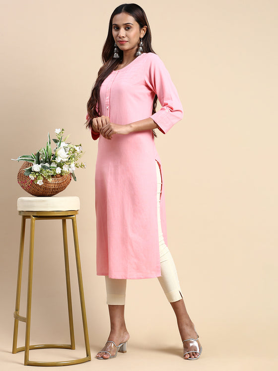 Cotton Plain Round Neck Straight Cut Pink Kurti CPK08
