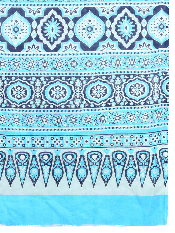 Elegant Blue & Grey Flower Printed Pure Cotton Saree PCS54