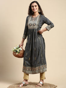  Elegant Embroidered and Printed Black & Sandal Straight Cut Kurti EK19