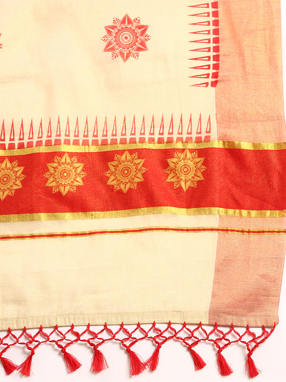 Kerala Tissue Flower Printed Gold Jari & Red Border with Tussle Saree OKS04