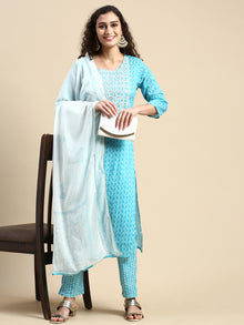  Beautiful Sky Blue with White Printed & Embroidered Kurti Set PKS04