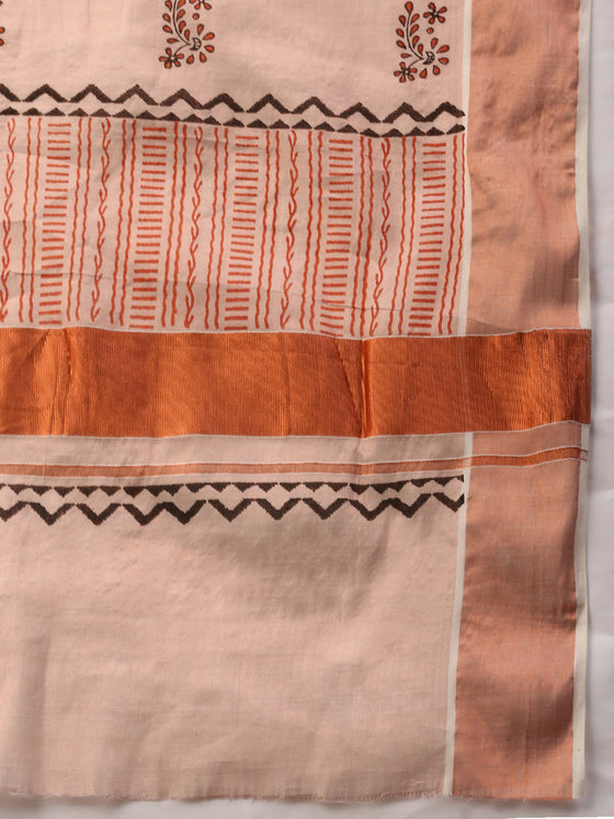 Kerala Copper Tissue Printed Saree with Zari Border OKS32 Onam Collection