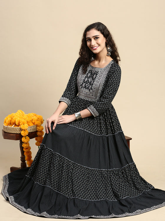 Elagent Embroidered and Printed Black Umbrella Kurti EK17