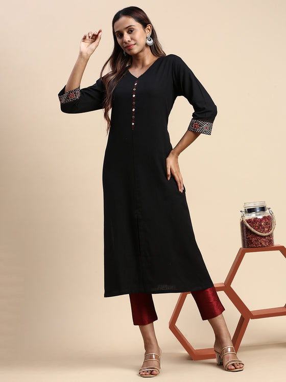 Cotton Plain V Neck Straight Cut Black Kurti CPK11