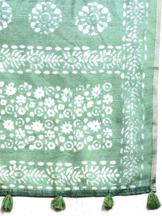 Elegant Semi Linen Green Flower Design Digital Printed Saree SL67