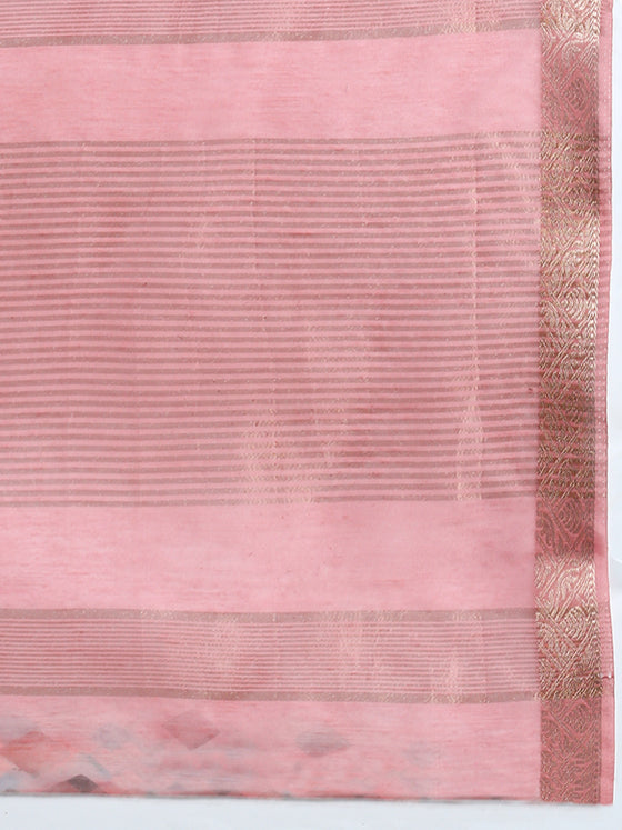 Semi Organza Sandal and Pink Flower Printed with Jari Border Saree SOS03