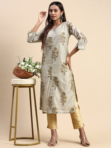  Cotton Green & Grey Round Neck Straight Cut Printed Kurti PK33