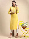 Cotton Embroidered Mandarin Collar Straight Cut Lemon Yellow Kurti EK24