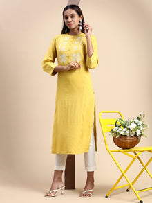  Cotton Embroidered Mandarin Collar Straight Cut Lemon Yellow Kurti EK24