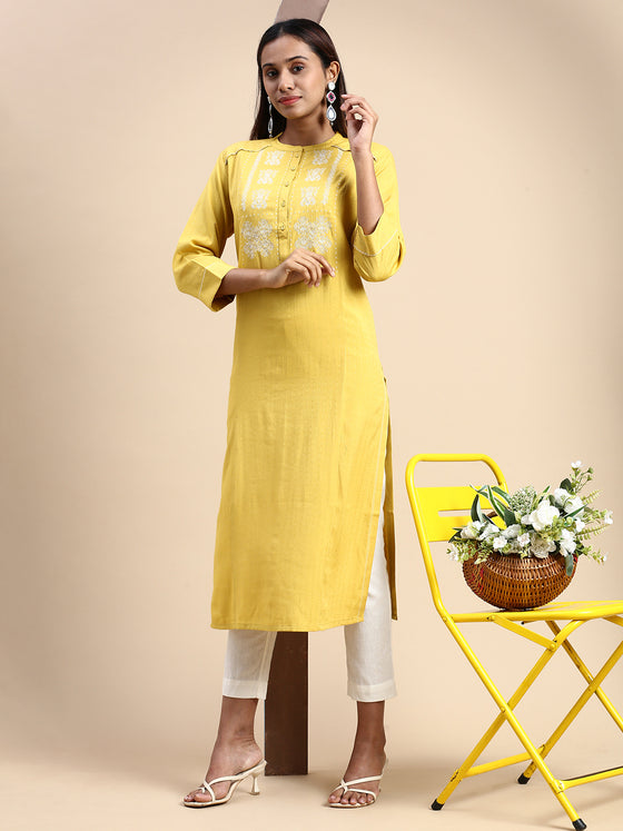 Cotton Embroidered Mandarin Collar Straight Cut Lemon Yellow Kurti EK24