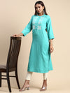 Cotton Embroidered Mandarin Collar Straight Cut Green Kurti EK25