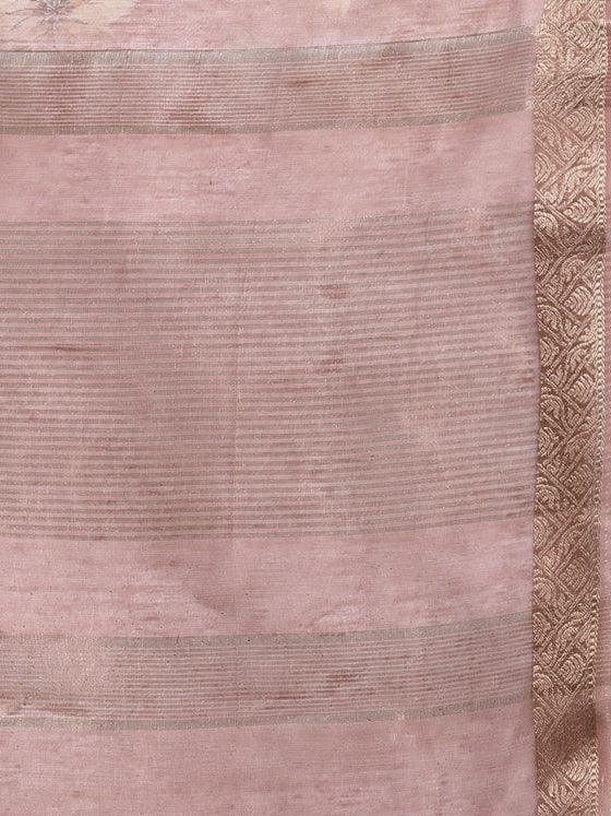 Semi Organza Brown and Sandal Flower Printed with Jari Border Saree SOS01