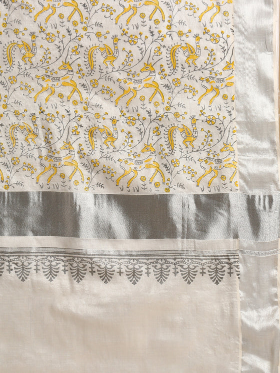 Kerala Tissue Printed Silver Jari Border Saree OKS31 Onam Collection