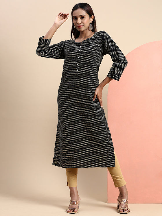 Cotton Printed Round Neck Straight Cut Black Kurti PK26