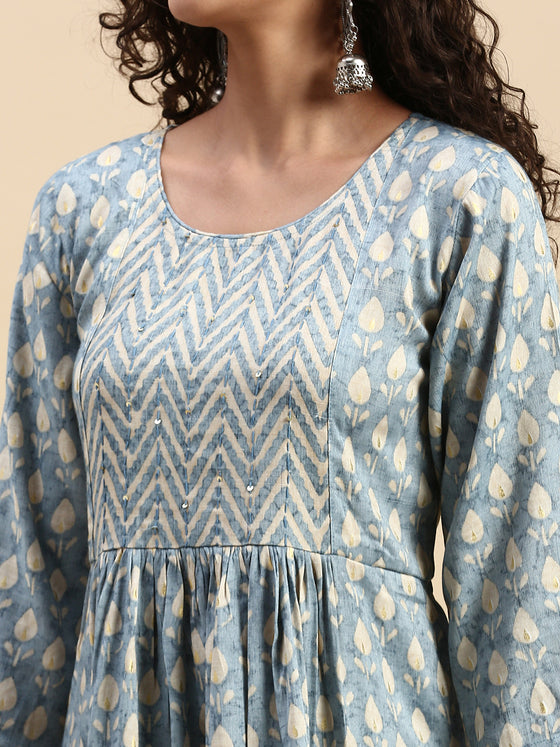 Cotton Printed Kurti Set Blue & Sandal PK06