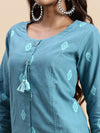 Cotton Embroidered Round Neck Straight Cut Greenish Blue Kurti EK29