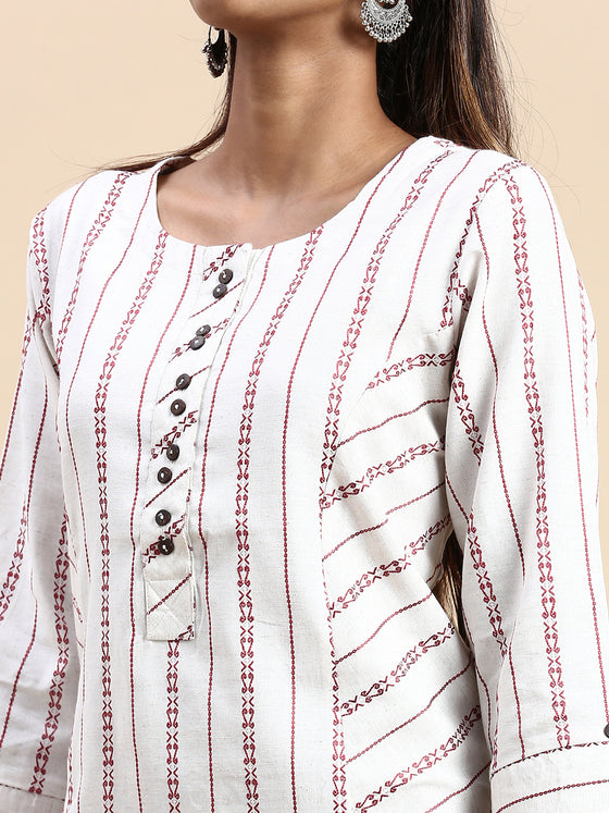 Cotton Embroidered Mandarin Collar Straight Cut Off White Kurti EK38