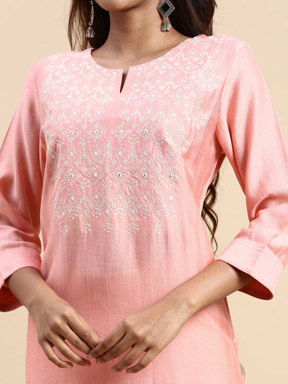 Cotton Embroidered Round Neck Straight Cut Pink Kurti EK35