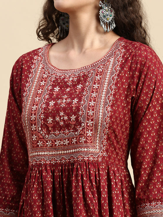 Elegant Embroidered and Printed Red & Sandal Umbrella Kurti EK20