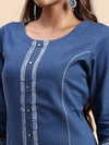 Cotton Printed Round Neck Straight Cut Navy Kurti PK31