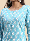Cotton Flower Printed Round Neck Straight Cut Blue Kurti PK27