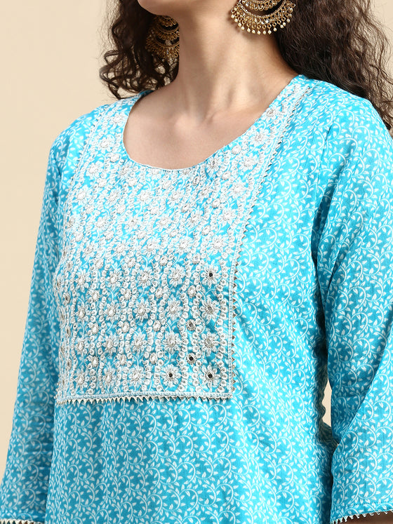 Beautiful Sky Blue with White Printed & Embroidered Kurti Set PKS04