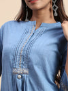 Cotton Blue & Brown Collar Neck Straight Cut Printed Kurti Set PKS10