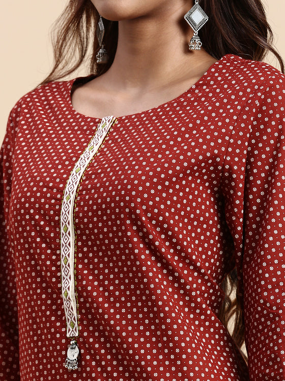 Cotton Printed Round Neck Straight Cut Brown Kurti PK29