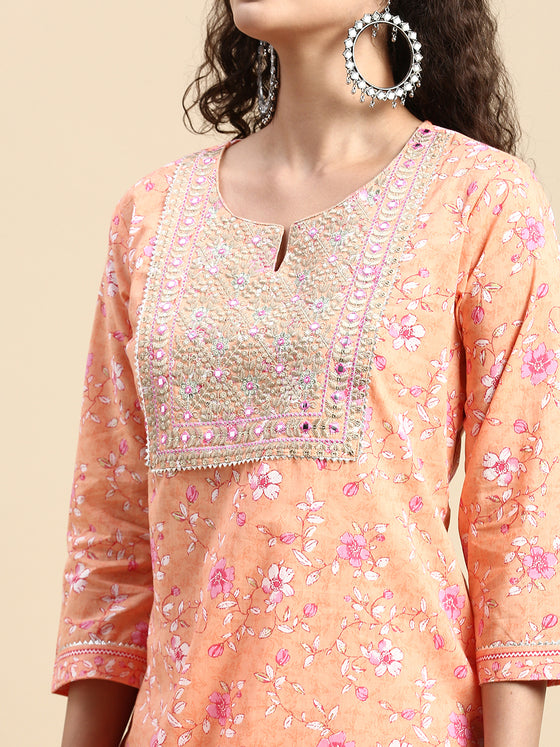 Beautiful Orange with Pink Printed & Embroidered Kurti Set PKS07