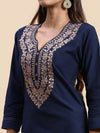 Cotton Embroidered V Neck Straight Cut Navy Kurti EK31