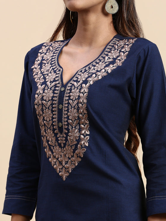 Cotton Embroidered V Neck Straight Cut Navy Kurti EK31