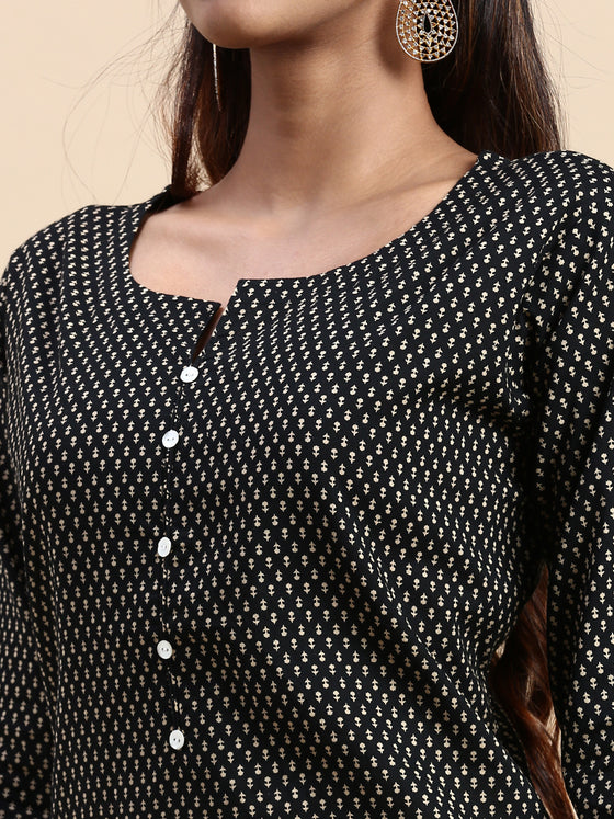 Cotton Printed Round Neck Straight Cut Black Kurti PK26