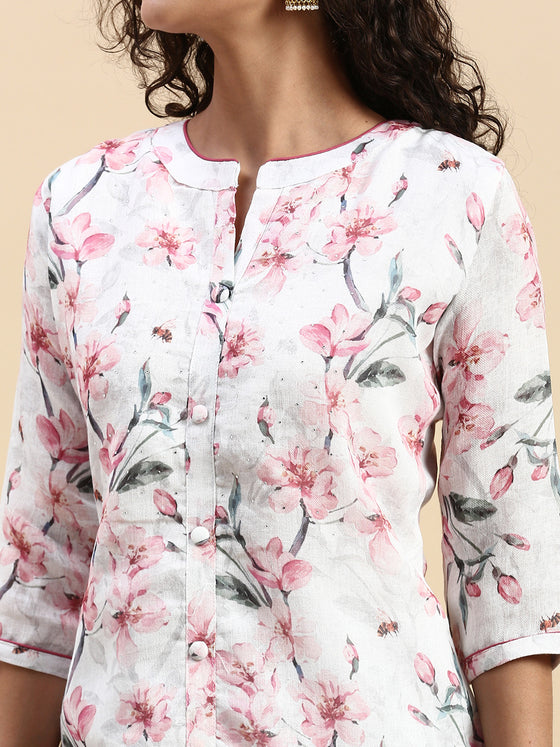 Cotton Printed Straight Cut White and Pink Kurti EK14