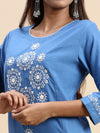 Cotton Embroidered Round Neck Straight Cut Blue Kurti EK37