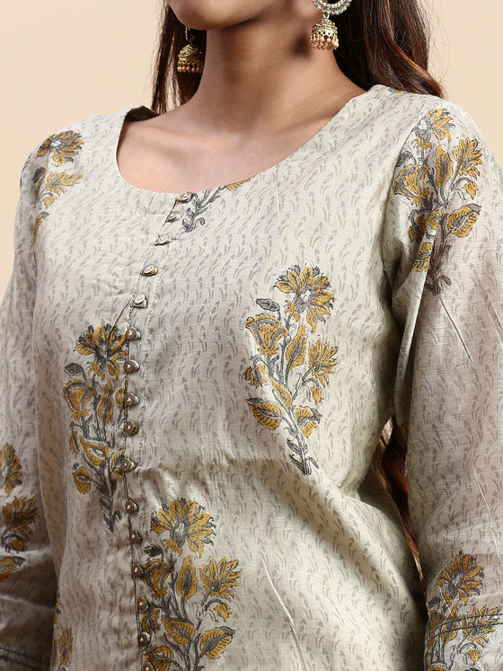 Cotton Green & Grey Round Neck Straight Cut Printed Kurti PK33