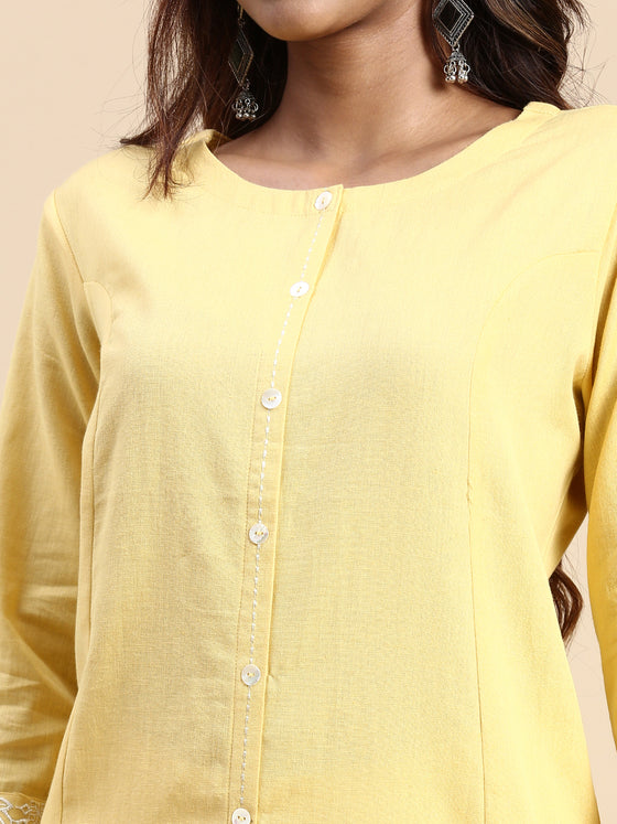 Cotton Plain Round Neck Straight Cut Yellow Kurti CPK03