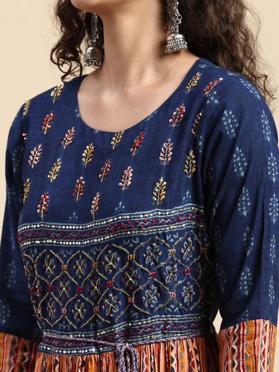 Elegant Embroidered and Printed Navy & Pink Umbrella Kurti EK21