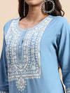 Cotton Embroidered Round Neck Straight Cut Blue Kurti EK26