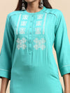 Cotton Embroidered Mandarin Collar Straight Cut Green Kurti EK25