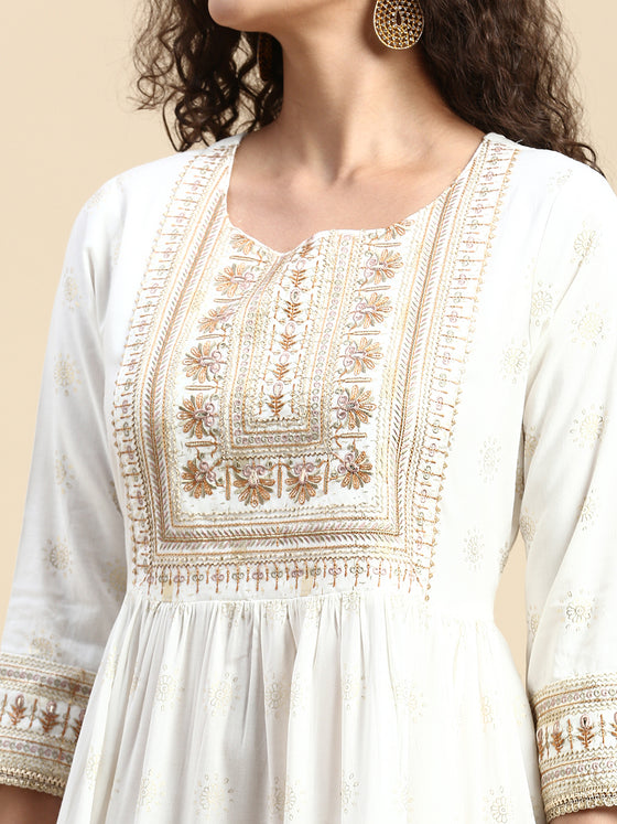 Elegant Embroidered and Printed White & Sandal Umbrella Kurti EK22