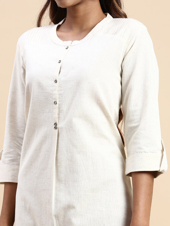 Cotton Plain Round Neck Straight Cut Off White Kurti CPK09