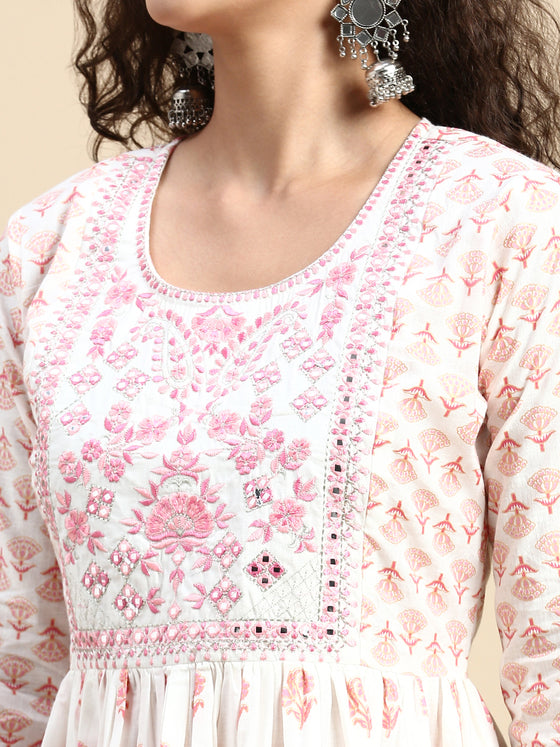 Beautiful White with Pink Printed & Embroidered Kurti Set PKS06