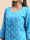 Cotton Flower Printed Round Neck Straight Cut Blue Kurti PK28