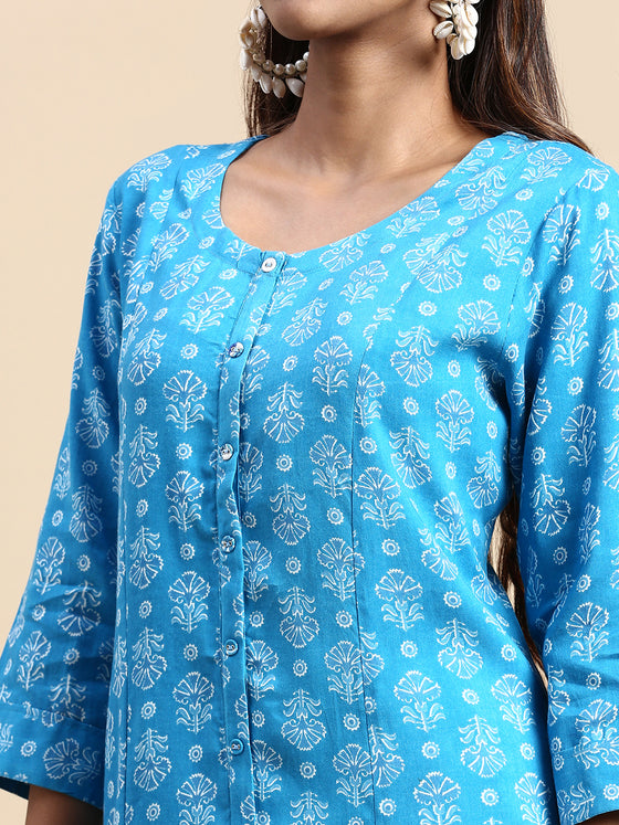 Cotton Flower Printed Round Neck Straight Cut Blue Kurti PK28